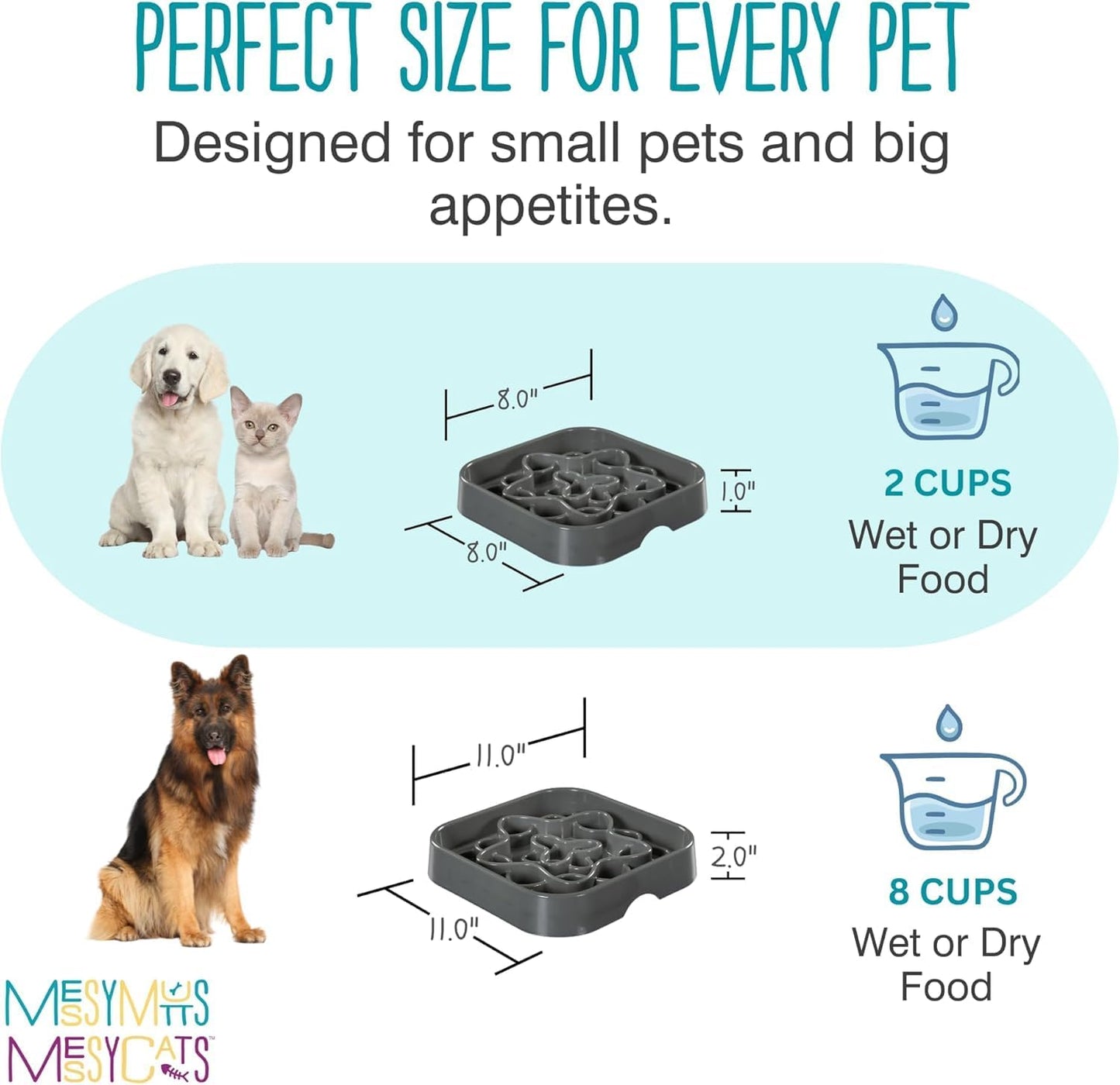 Messy Mutts and Cats Interactive Square Slow Feeder | Cool Grey (2 Cup) | 8” x 8” Square Puzzle Slow Feeder for Dogs/Cats | Enrichment Food Dish for Slow Eating, Bloating