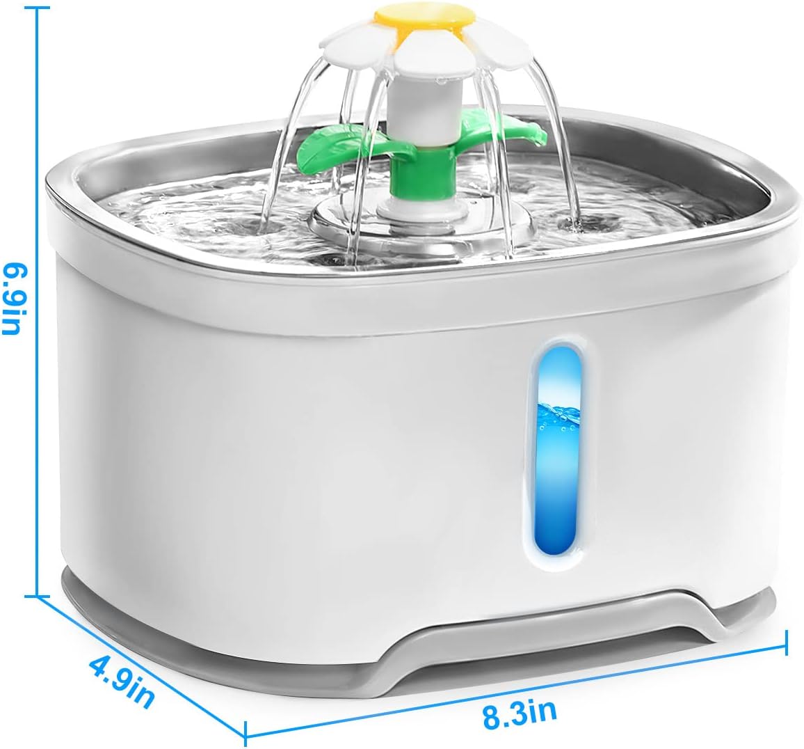 Stainless Steel Pet Water Fountain with Adapter, Upgraded Version 84oz/2.5L Automatic Cat Water Fountain Dog Water Dispenser with Ultra-Quiet Pump for Cats, Dogs, Birds, Multiple Pets (Gray)