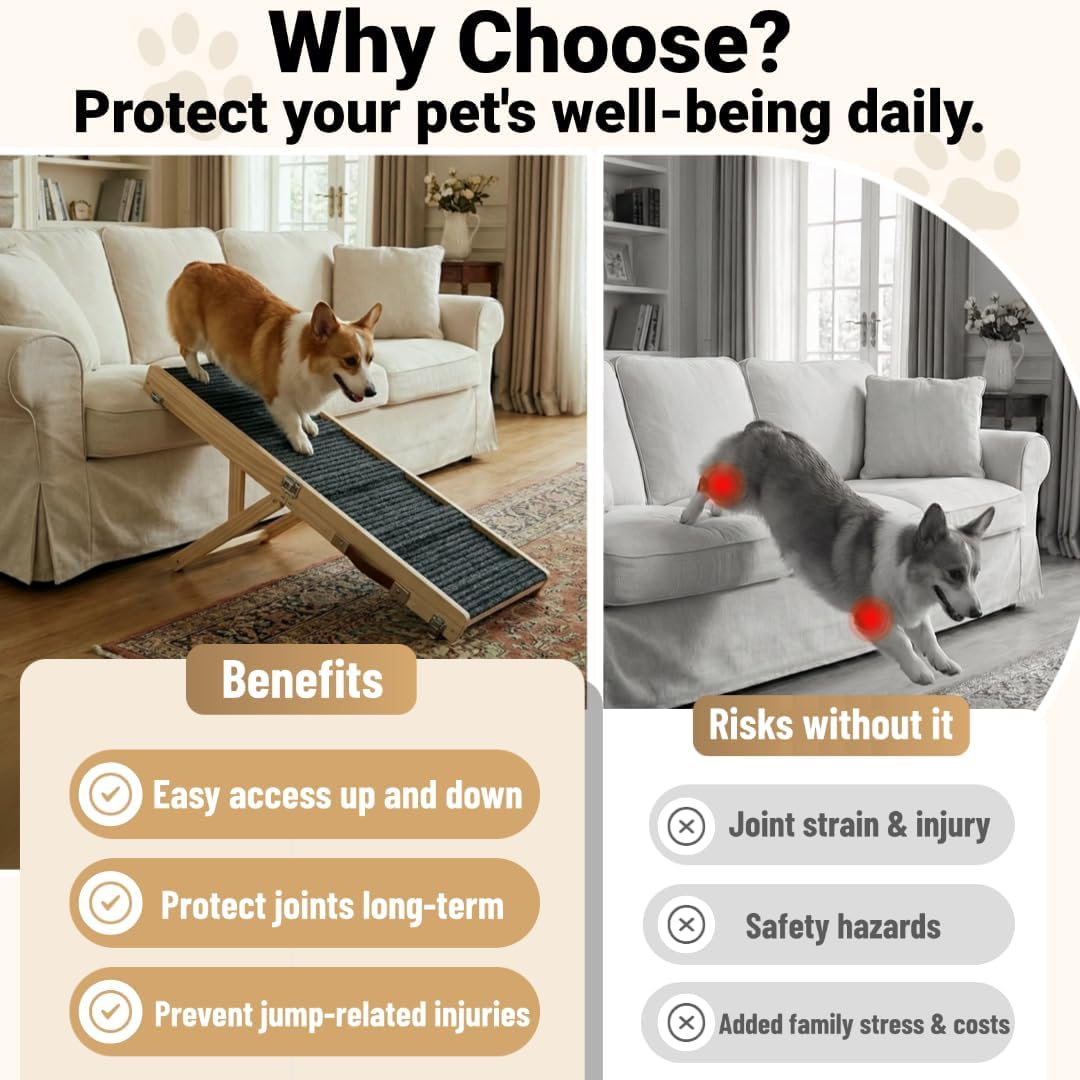 Dog Ramp for Couch & Bed for Small Dogs, Foldable Small Dog Ramps for Sofa - 31.5" LX12 W, 4 Adjustable Height, Portable, Stable, Non-Slip, Carry Handle, Wood