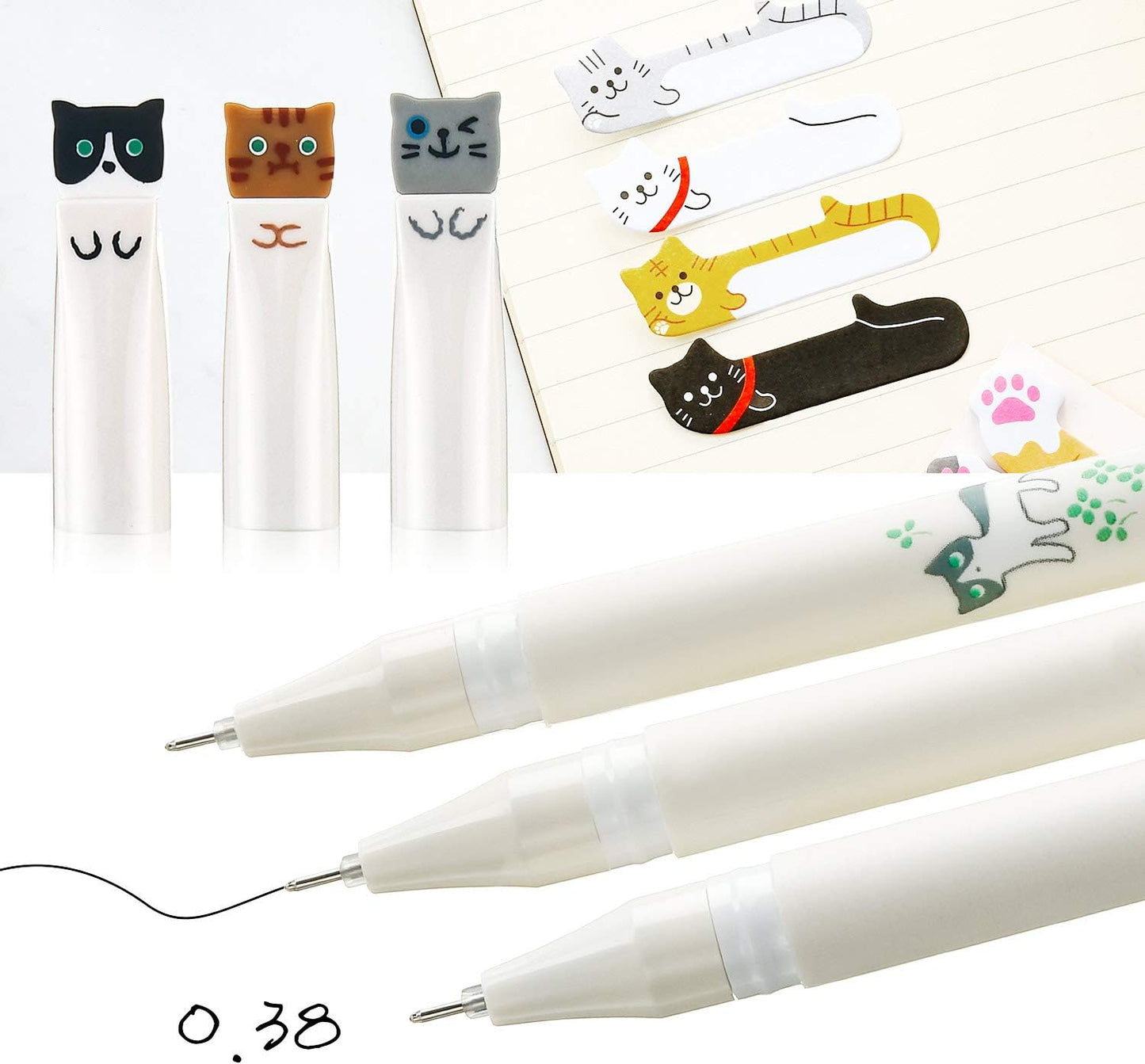 Outus 14 Sets Cute Cat Pens Stationary Set, 12 Pcs 0.5mm Cat Design Gel Pens and 320 Pcs Kawaii Sticky Notes Page Bookmarks Tab for Kitten Lovers Kids Women Office School Classroom Supplies