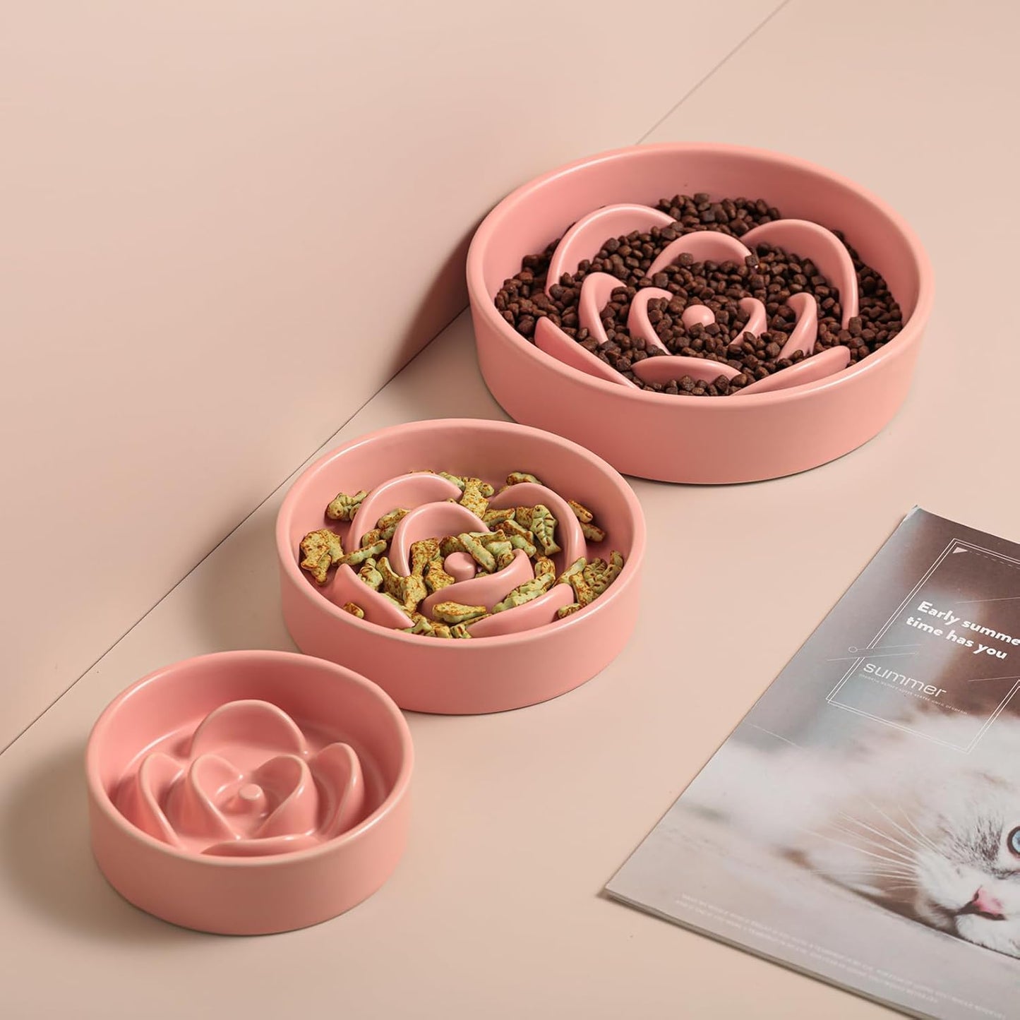 Pink Ceramic Slow Feeder Dog Bowl for Medium and Large Breeds,6.1 in Slow Feeding Bowl,Puzzle Dog Food Bowl for Fast Eater,Maze Dish for Fast Eater