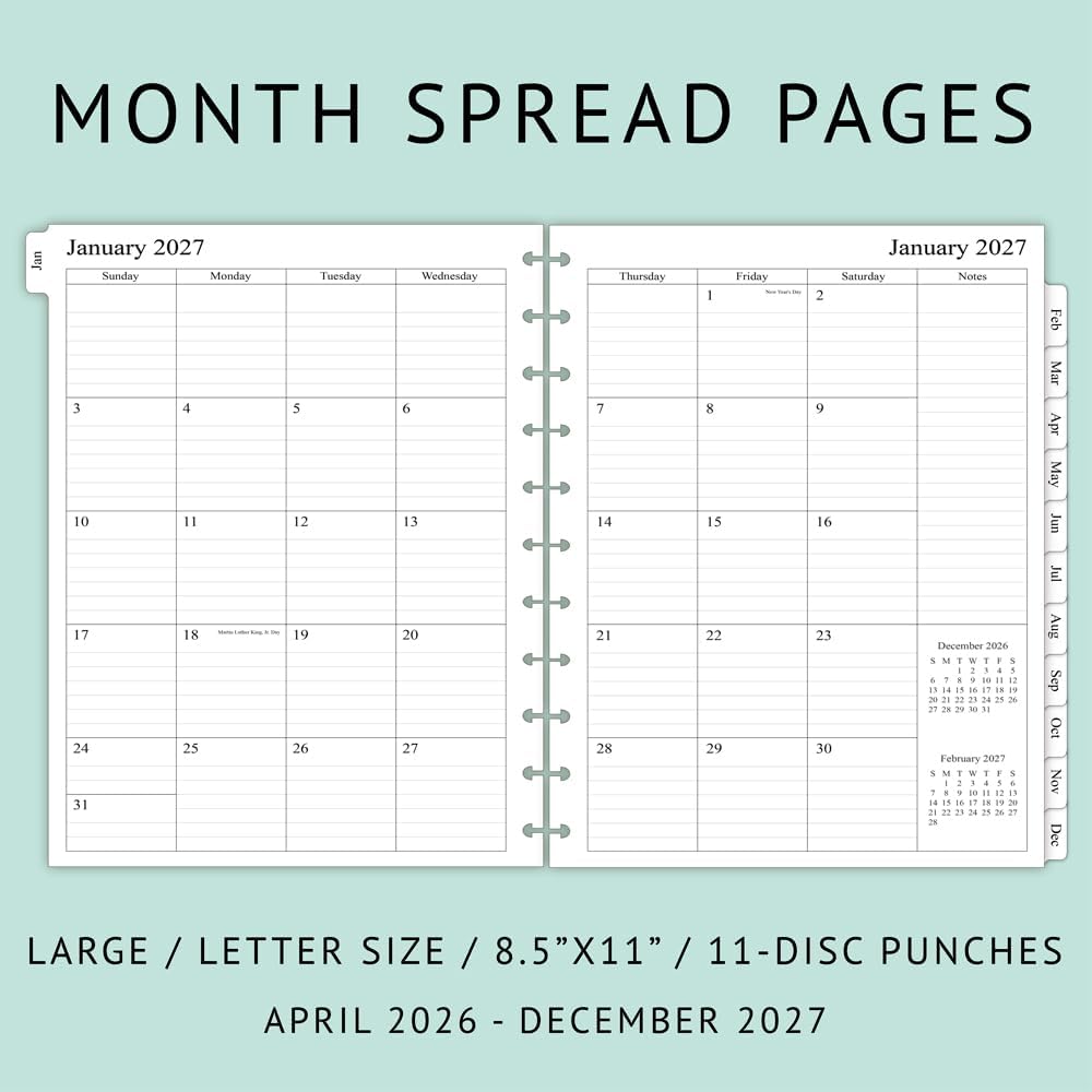 newestor 2026-2027 Monthly Planner Refill for 11-Discbound Notebooks, Apr 2026 to Dec 2027, Two Pages Per Month, Letter Size, 8-1/2" x 11"