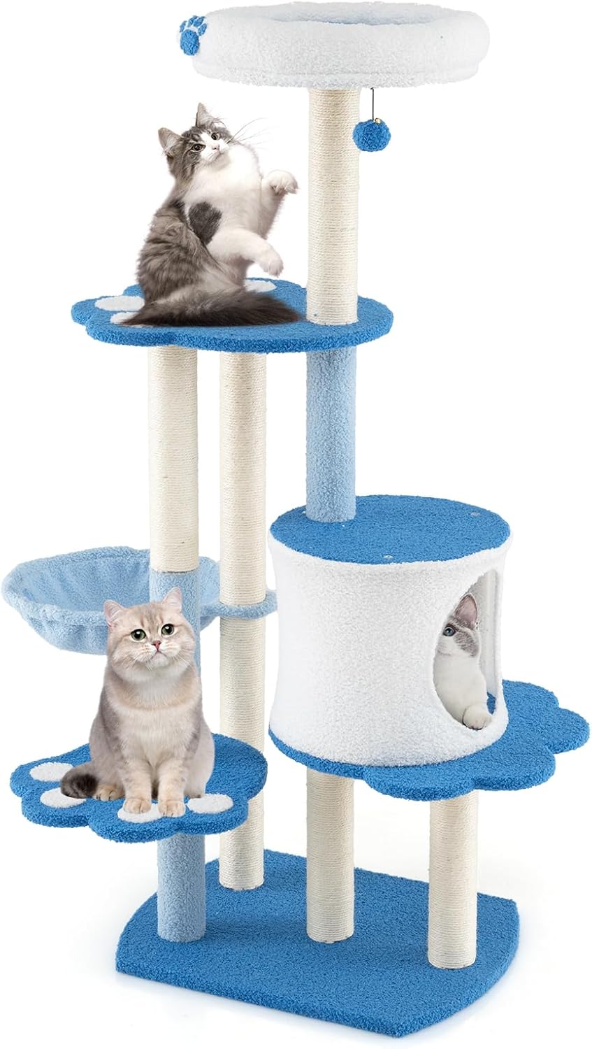 Tangkula Cat Tree Tower, 54 Inch Tall Cat Tree with Cat Condo, Hammock, Dangling Ball, Plush Fabric Top Perch, Cute Cat Tower with Sisal Scratching Post for Indoor Cats Large Adult