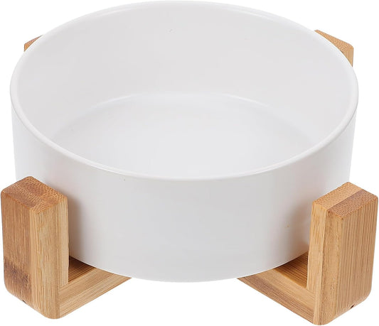 PRETYZOOM Ceramic Cat Bowl Elevated Pet Feeder with Wood Stand Small White Straight Edge Dish for Neck Protection and Water Feeding Raised Cat Food Bowl for Kittens