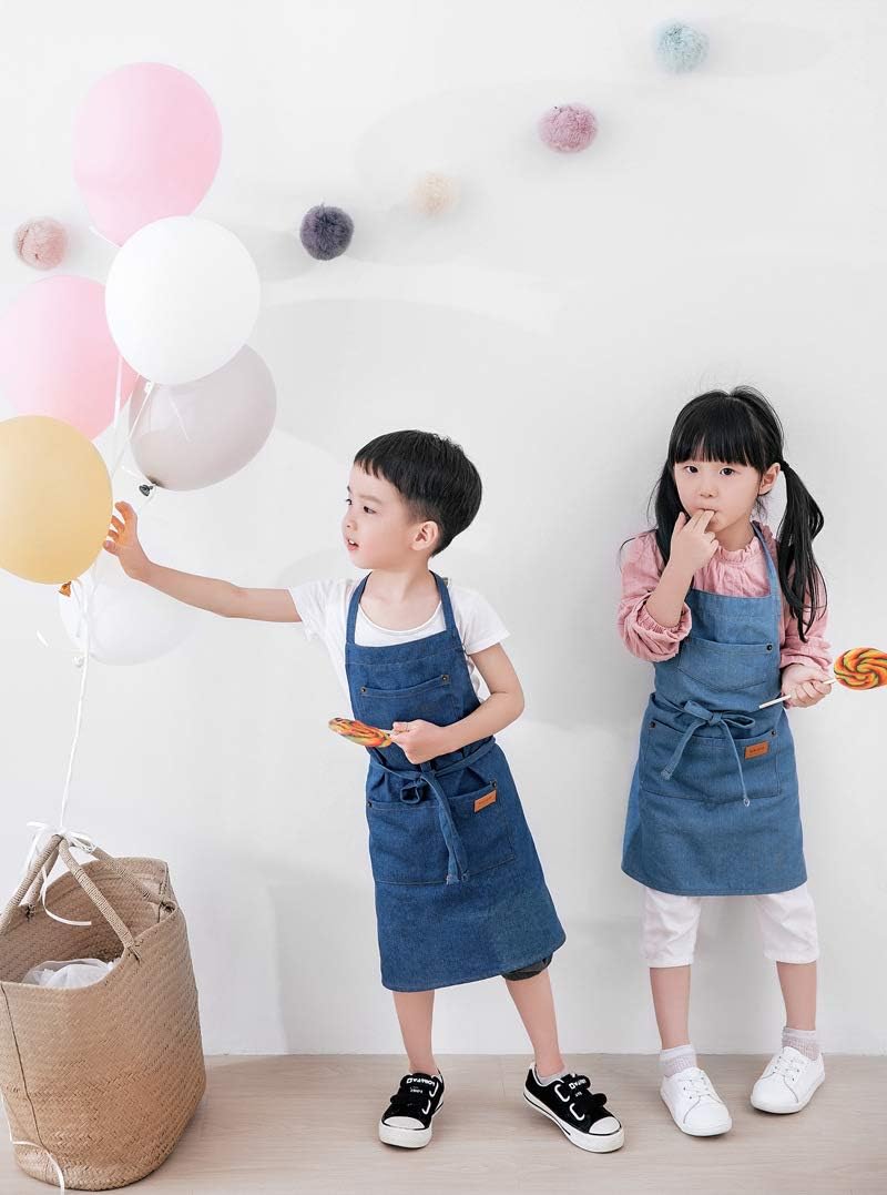 Denim Matching Apron for Kids and Adults, Children Age 4-7 9-12, Cooking Gardening Painting BBQ…