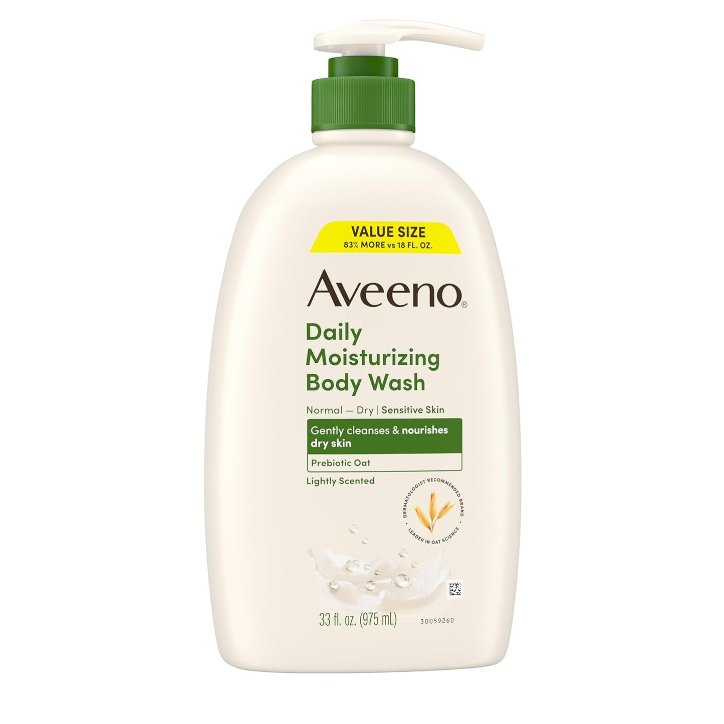 Aveeno Daily Moisturizing Body Wash for Dry & Sensitive Skin + Prebiotic Oat, Body Wash Gently Cleanses & Nourishes Dry Skin, Lightly Scented, Value Size, 33 fl. oz
