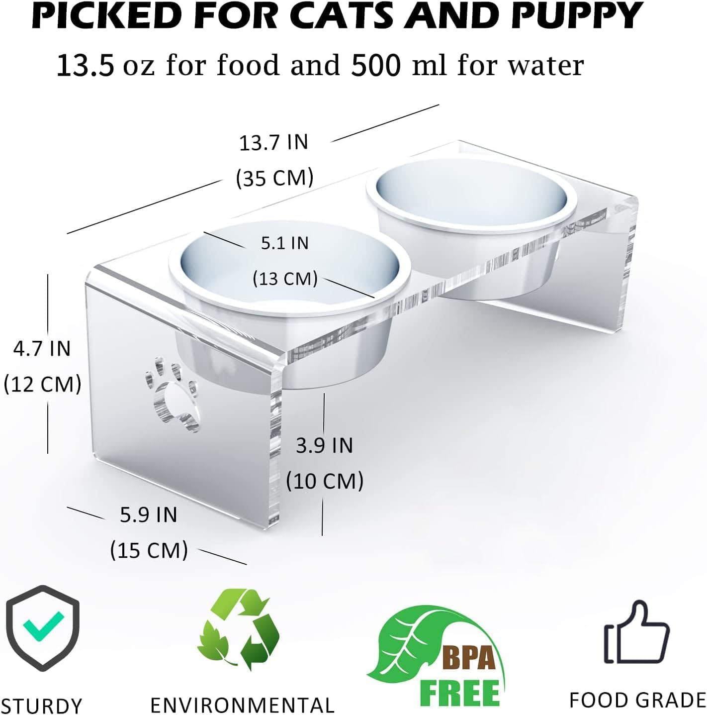 Raised Cat & Dog Bowl, Elevated Pet Feeding Station with 15 Tilted Neck Protective Acrylic Stand, Double Stainless Steel Bowls, for Small, Medium, Large Cats & Dogs