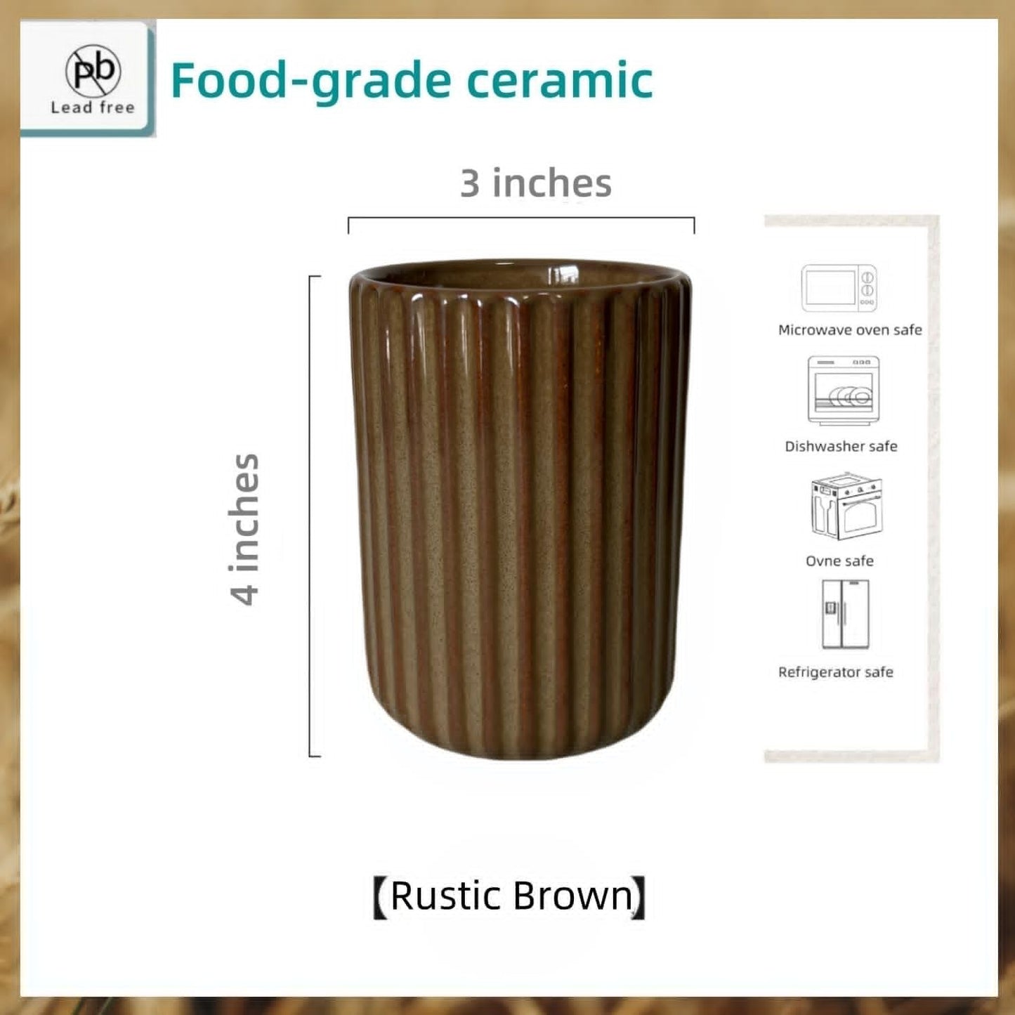 Stoneware Coffee Bar Utensil Holder Tea & Coffee Spoon & Stirrer Holder for Stir Stick Straw Teaspoon Holder Spoon Cup Small Utensil Jar Fluted Vertical Stripe (Rustic Brown)