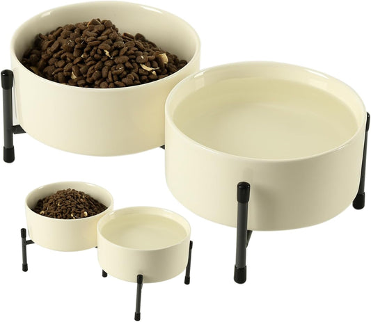 AOMRYOM 32 OZ Ceramic Dog Cat Bowl with Elevated Metal Stand, 6 Inch Ceramic Pet Dish for Food and Water, Pet Feeder Bowls for Cats & Dogs - Set of 2, Beige