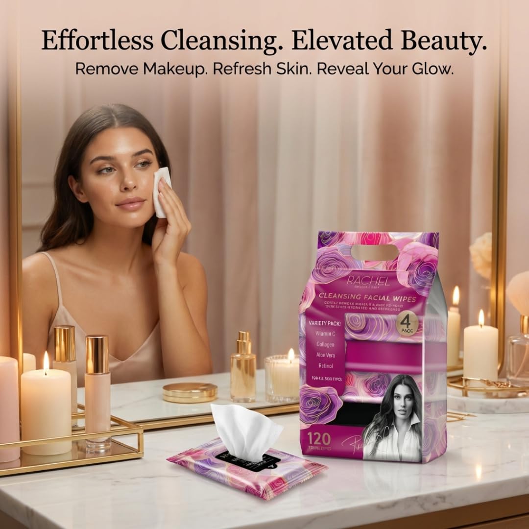 Rachel Roy 4 Pack Face Wipes for Women - Cleansing Makeup Remover Wipes with Vitamin C, Retinol, Collagen & Aloe Vera - 120 Pcs