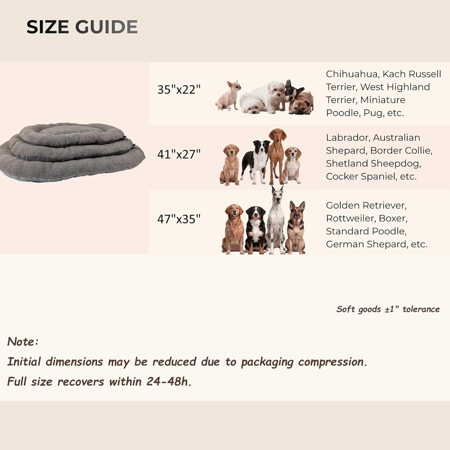 Washable Dog Bed for Large Dogs, Dog Beds Large Sized Dog, Reversible Plush & Oxford Dog Bed for Crates, 3" Thick Cushion Kennel Mat, Machine Washable Non‑Slip Pet Bed, Fits 42 Inch Crates, Grey