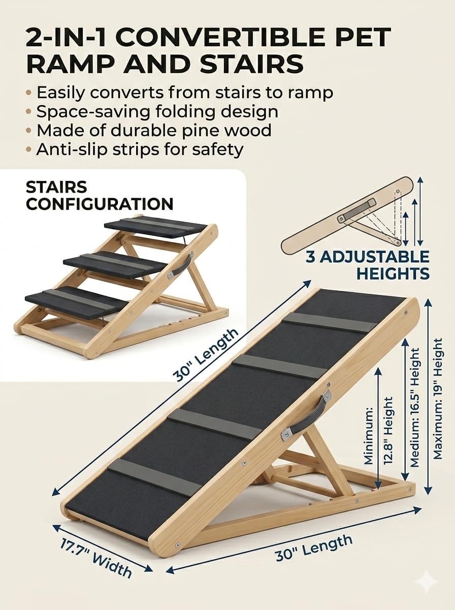 3 Steps Wood Pet Stairs & Ramp for Small and Medium Dogs and Cats, Portable Ramp Pets 2-in-1 Foldable, Non-Slip Pet Ladder for Tall Beds, Sofa, Cars, Holds Up to 220 lbs (3 Steps)