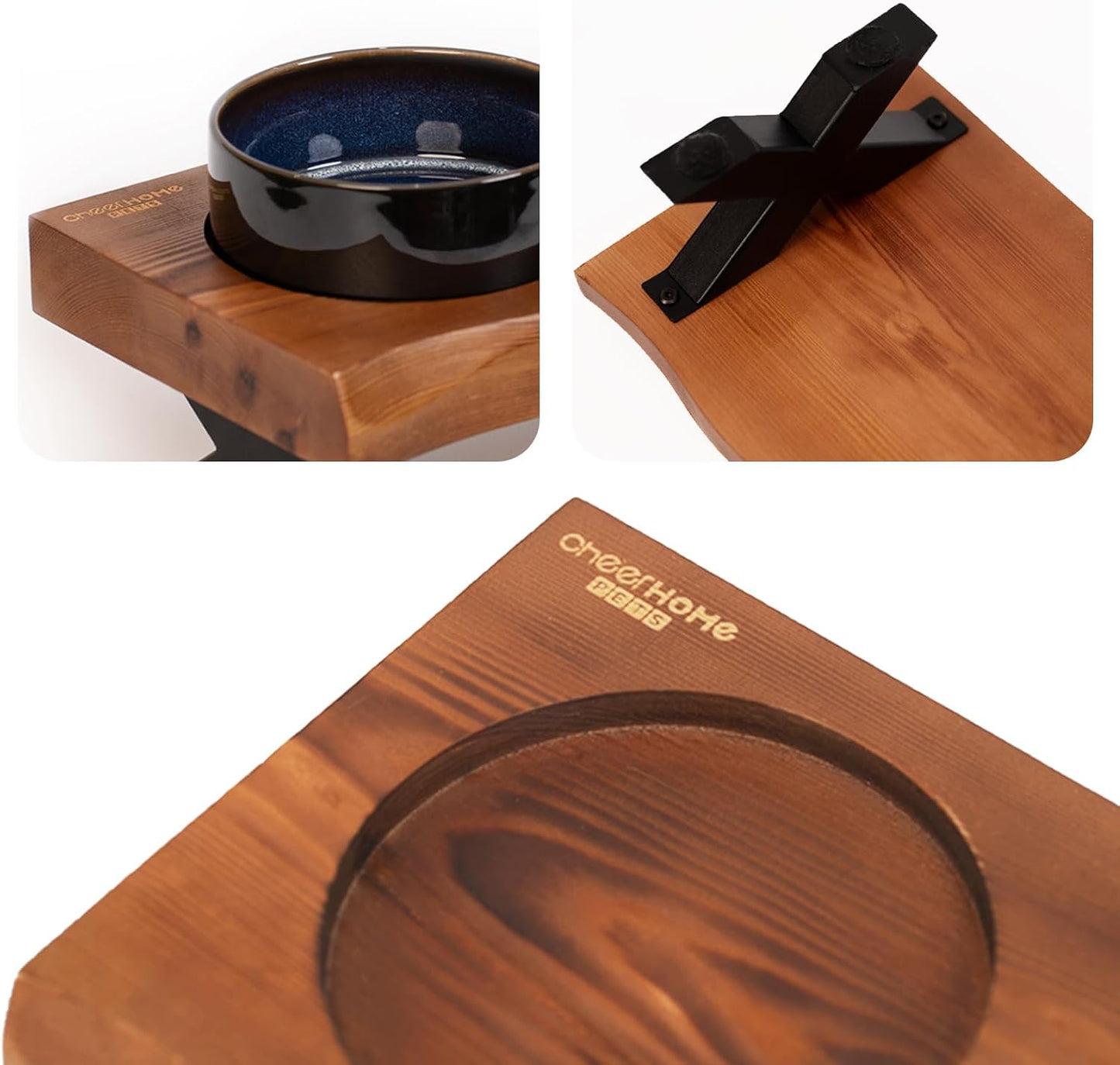 CHEERHOME PETS Raised Cat Ceramic Bowls for Small and Medium Dog, Solid Wooden Dog Food Bowl with Stand, Food Feeding Dishes Water Bowl for Cats and Puppy(Grilled Pine Wood)