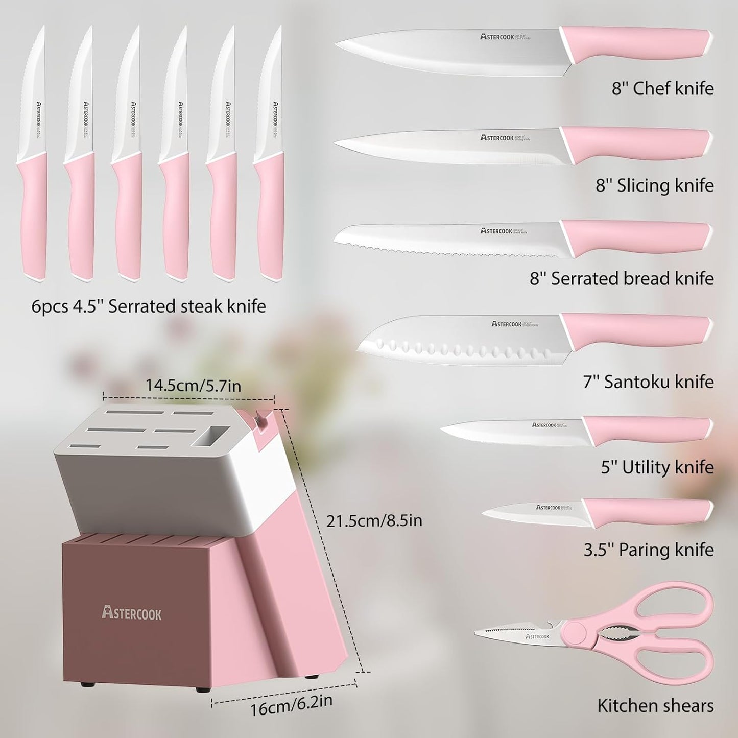 Astercook Knife Set, Kitchen Knives Set with Block and Sharpener 15 Pcs German Stainless Steel Knives Sharp Blade Dishwasher Safe Deba Knives with Ergonomic Handle, Crystal Pink