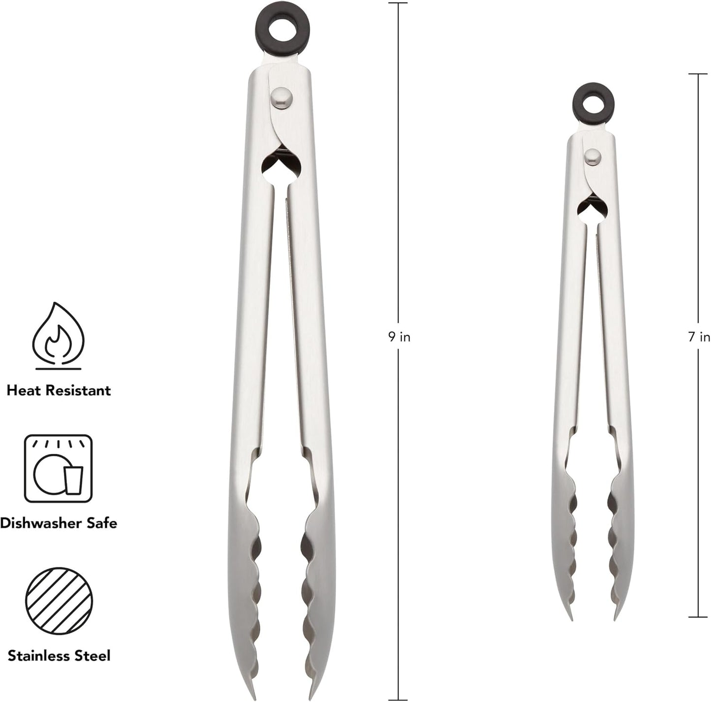 KitchenAid Set of 2 Stainless Steel Tongs with Scalloped Edges Easy Lock Dishwasher Safe Durable and Versatile 7 Inch and 9 Inch Silver