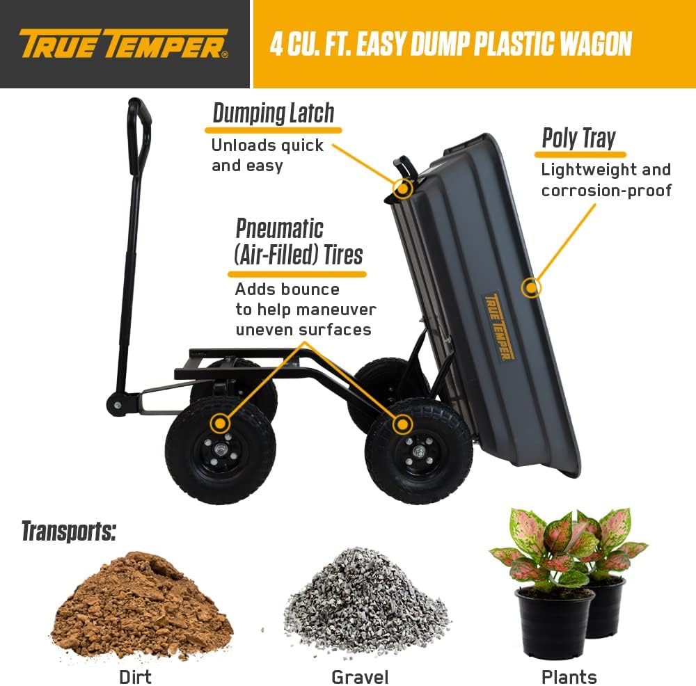 True Temper Poly Garden Cart Wagon, Easy Dump Design, 4 Cu. Ft. Capacity, 10 in. Pneumatic Tires for Lawn, Utility, Yard, Farm