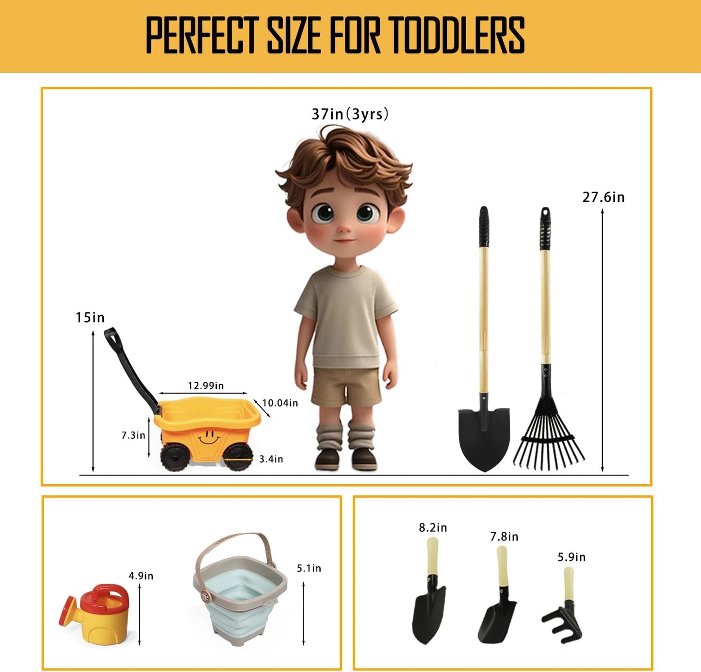 Toddlers Rake & Shovel Set with Wheelbarrow, Kids Yard Tools for Digging, Gardening, Beach, Sandbox, Lawn, Camping, Summer Outdoor Garden Toys Gifts for Children Age 2-5 Years Old