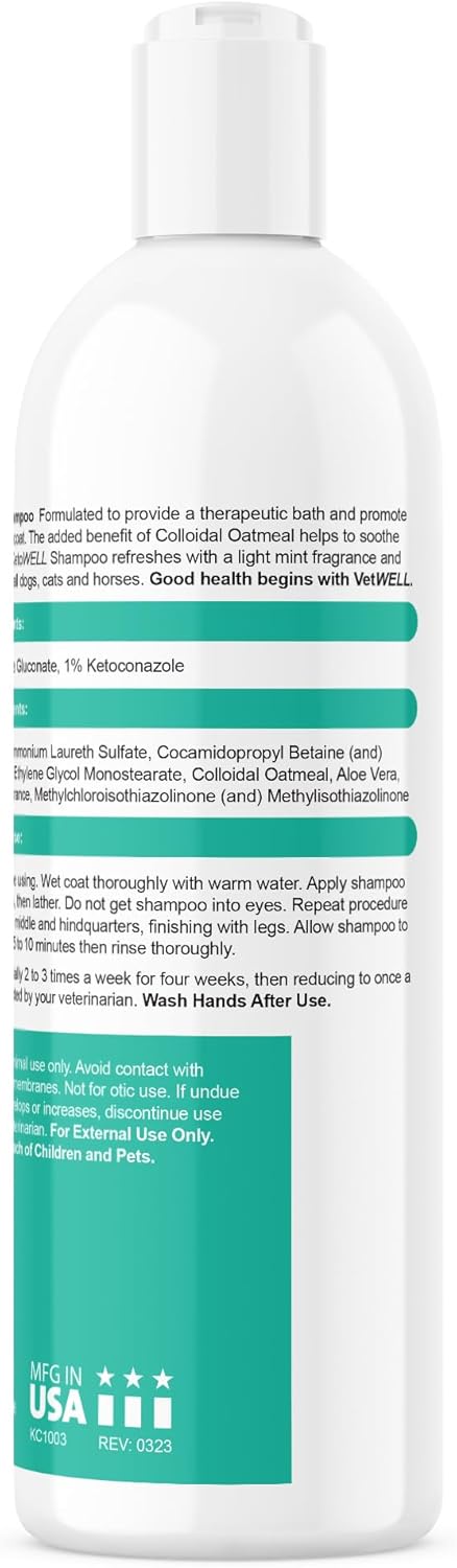 VetWELL Shampoo for Dogs Cats & Horses - Topical Shampoo with Oatmeal & Aloe -12oz Mint Scent