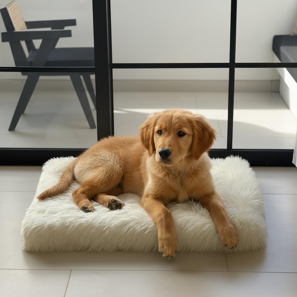 IHAPPYDOG Luxury Faux Fur Orthopedic Dog Beds, Memory Foam Crate Bed for Small, Medium, Large and XL Pets, Fluffy Pet Bed with Waterproof and Washable Cover, Fits Crates (White, 35" x 23")
