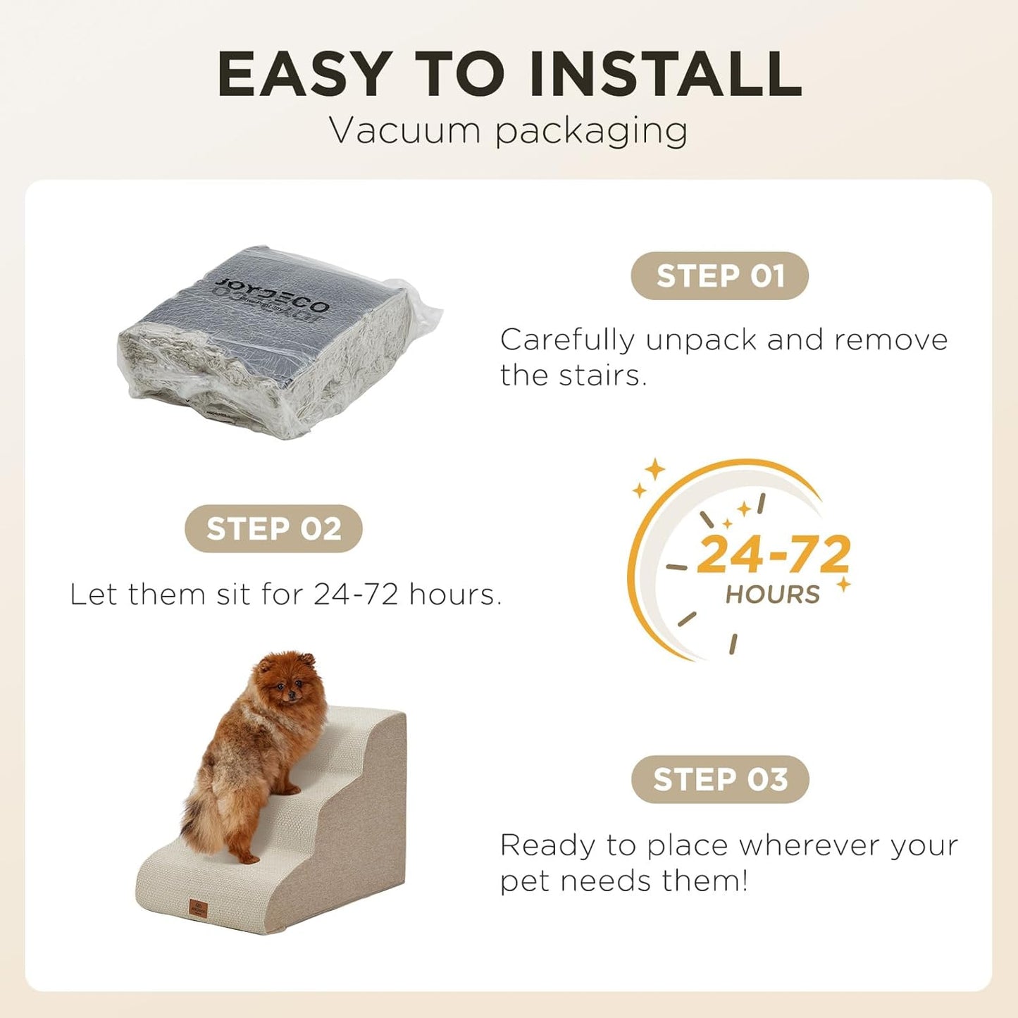 Joydeco Dog Stairs for Bed 29" H, 5-Step Pet Steps for Small Dogs and Cats, Dog Steps for High Bed, Non-Slip Balanced Ramp Indoor Pet Stairs, Beige