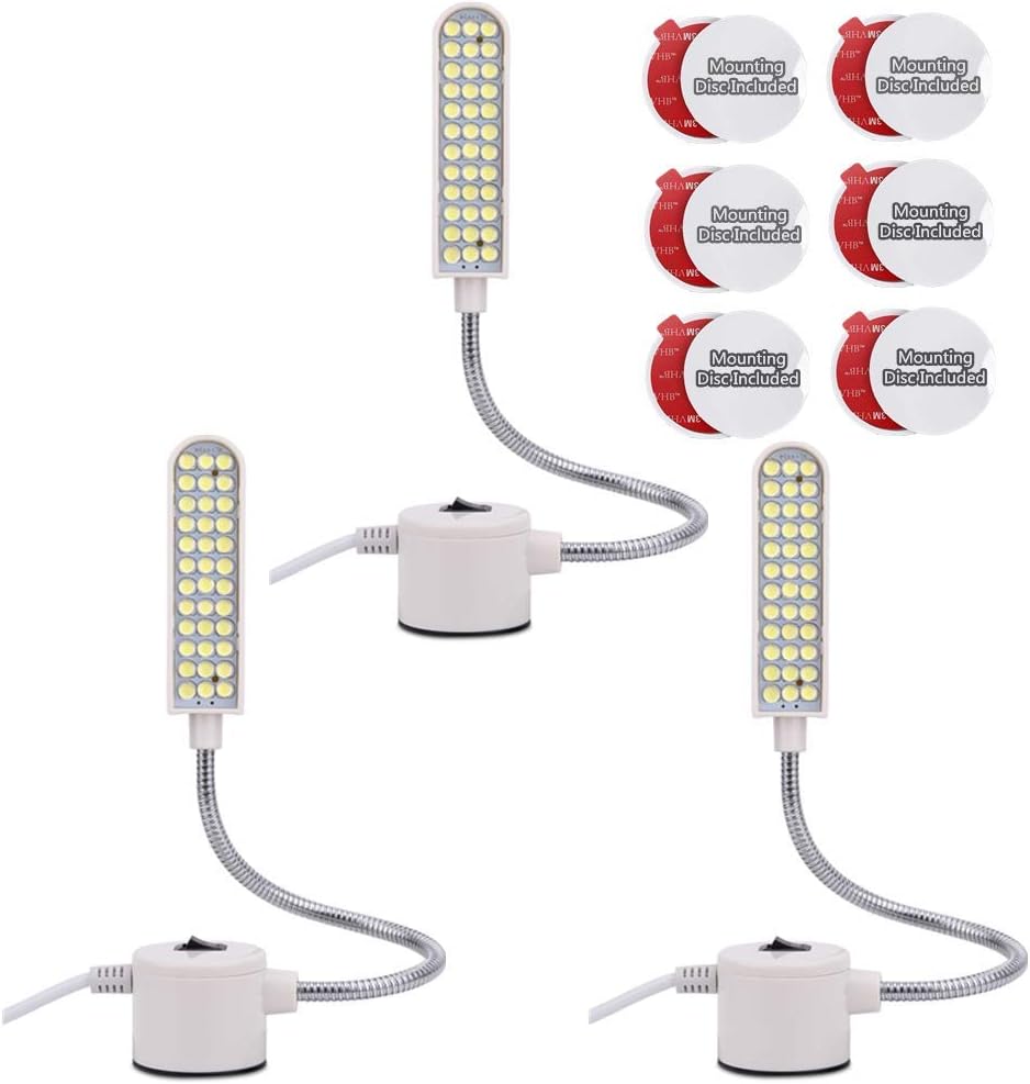 Sewing Machine Light Gooseneck Work Light with Magnetic Mounting Base, White Soft Light for Lathes, Drill Presses, Workbenches (3PACK)