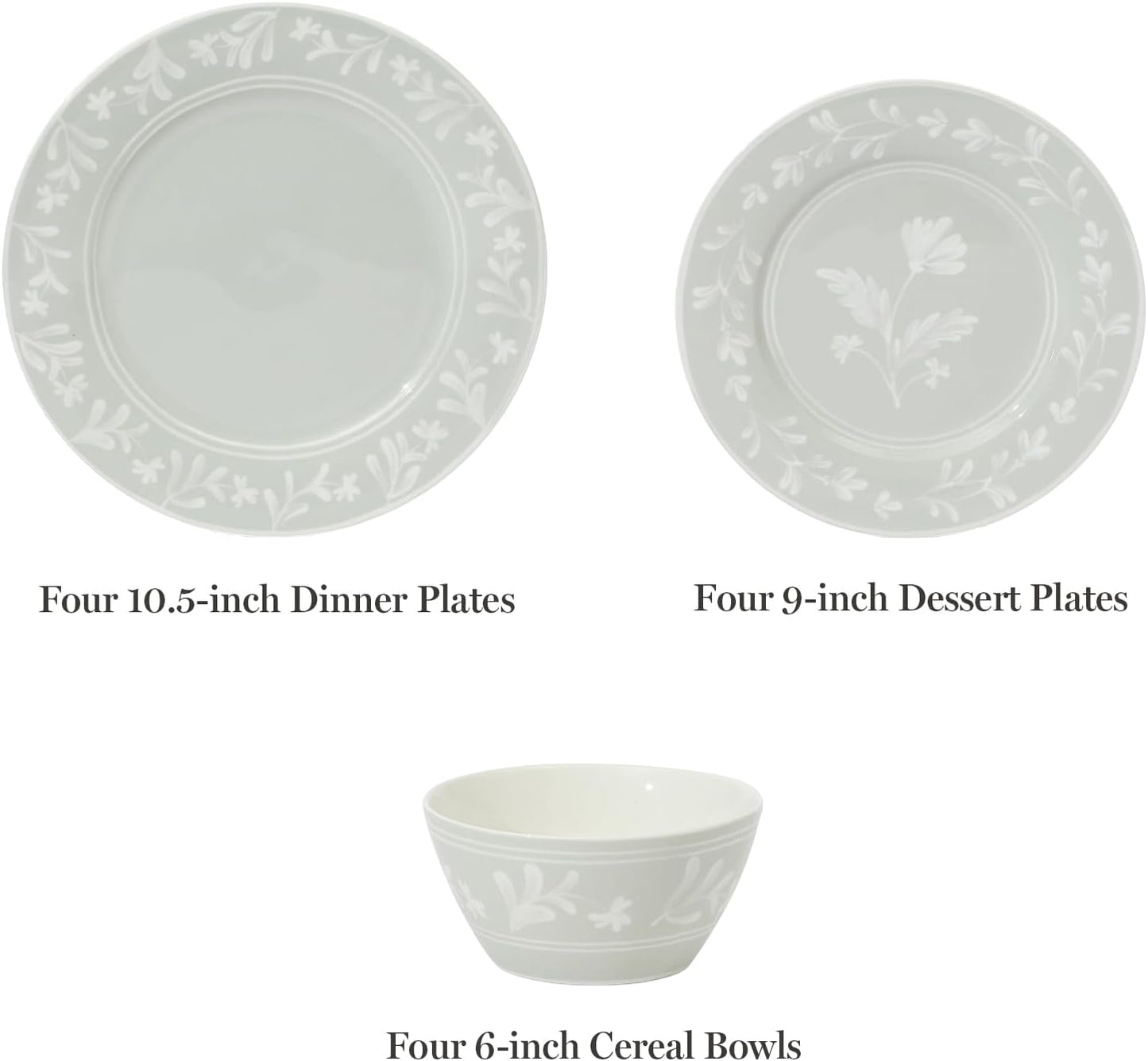 Martha Stewart Maiden Crown 12-Piece Sage Green Dinnerware Set – New Bone China Ceramic Plates & Bowls – Floral Design – Service for 4 – Microwave & Dishwasher Safe