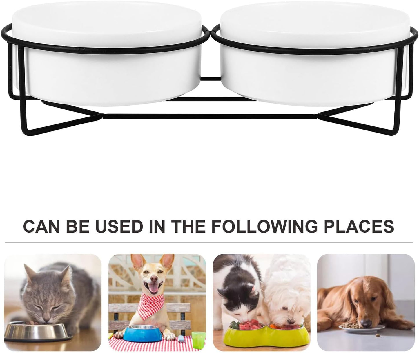 PRETYZOOM Ceramic Pet Bowl Double Dog Bowls with Black Iron Raised Stand 13cm Spill-Resistant Cat Feeding Dish for Water and Food