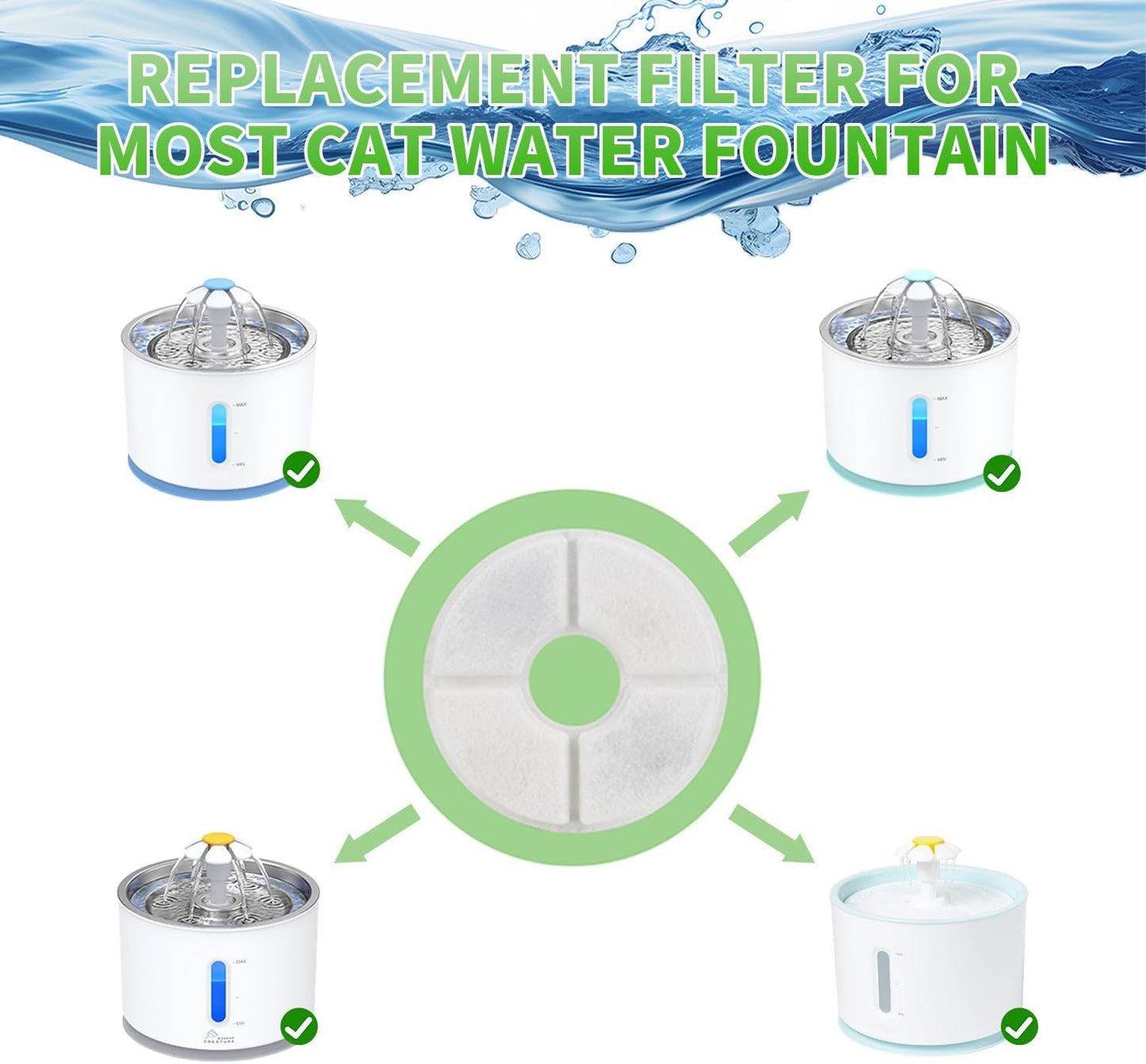 Wonder Creature Cat Fountain Filter Replacement for Round Stainless Steel Top Cat Fountain, 8 Carbon Filters 4 Foam Filters Pack