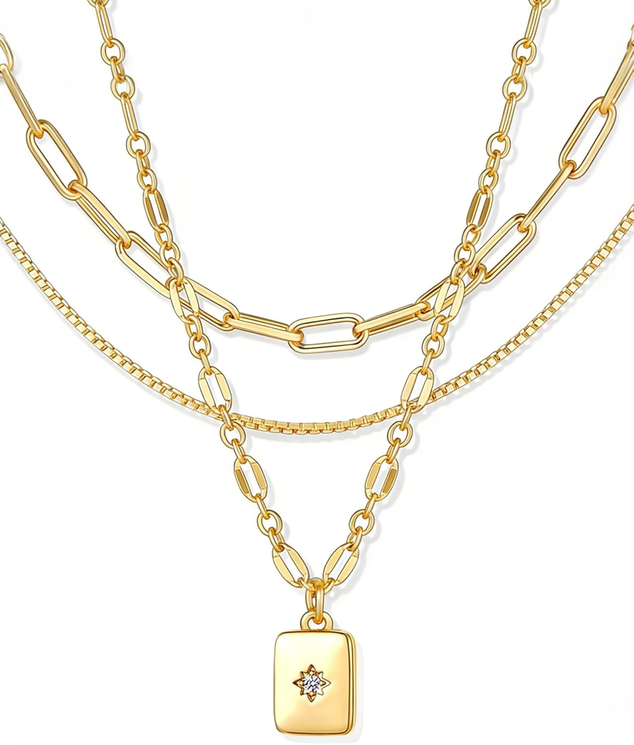 YEEZII Layered Gold Necklaces for Women Trendy, 3 Pcs 14K Gold Plated Choker Paperclip Box Chain Necklace, Stackable Women's Gold Pendant Necklaces Jewelry Set