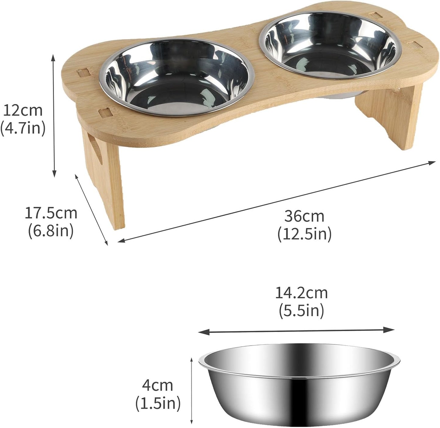 Elevated Dog Cat Bowls-2pack Stainless Steel Pet Food Water Bowls with Anti-Slip Bamboo Stand-Raised Dog Bowl for Small Dogs-Raised Cat Bowl Stand-Pet Feeding Station（4.7'' Height