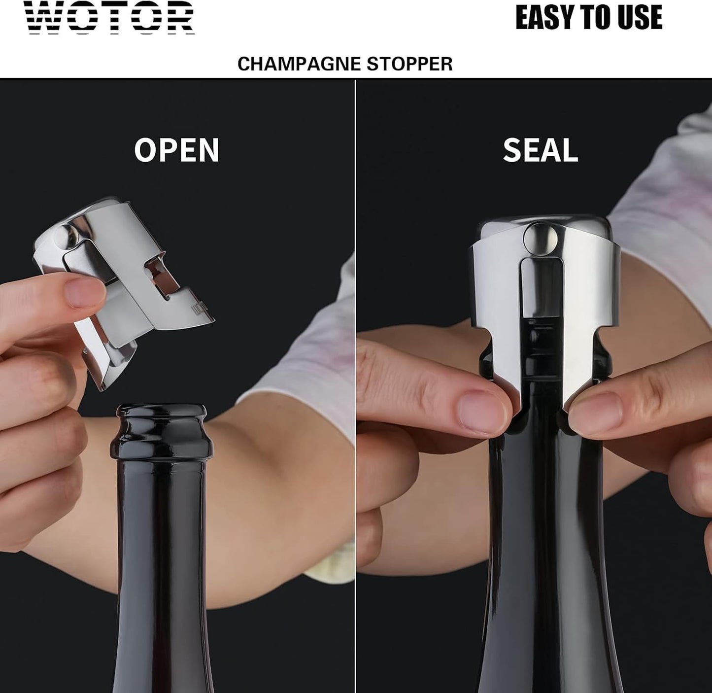 WOTOR Champagne Stoppers Stainless Steel, Prosecco Bottle Stopper with Food Grade Silicone, Reusable Champagne Cork & Saver, Leak proof Keep Fresh (Silver, 2 Pack)