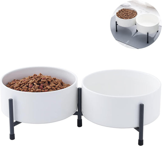 OMAYKEY 32 oz Ceramic Dog Cat Bowl Set of 2 with Elevated Metal Stand - 6 Inch Ceramic Round Pet Food and Water Feeder Bowl Dish for Cats & Dogs - White