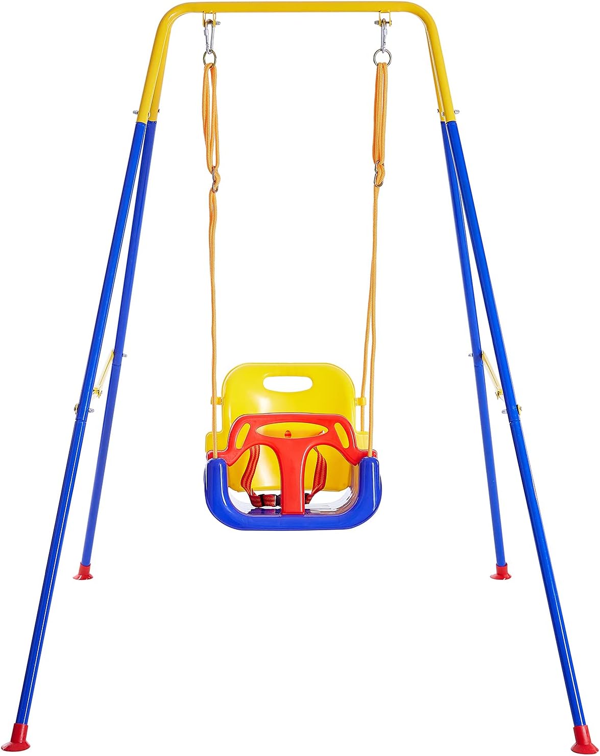 FUNLIO Toddler Swing with Foldable Metal Stand for Toddlers Aged 1~10 Years, 3-in-1 Baby Swing Set with 4 Sandbags for Backyard/Indoor/Outdoor Play, Easy to Assemble & Store