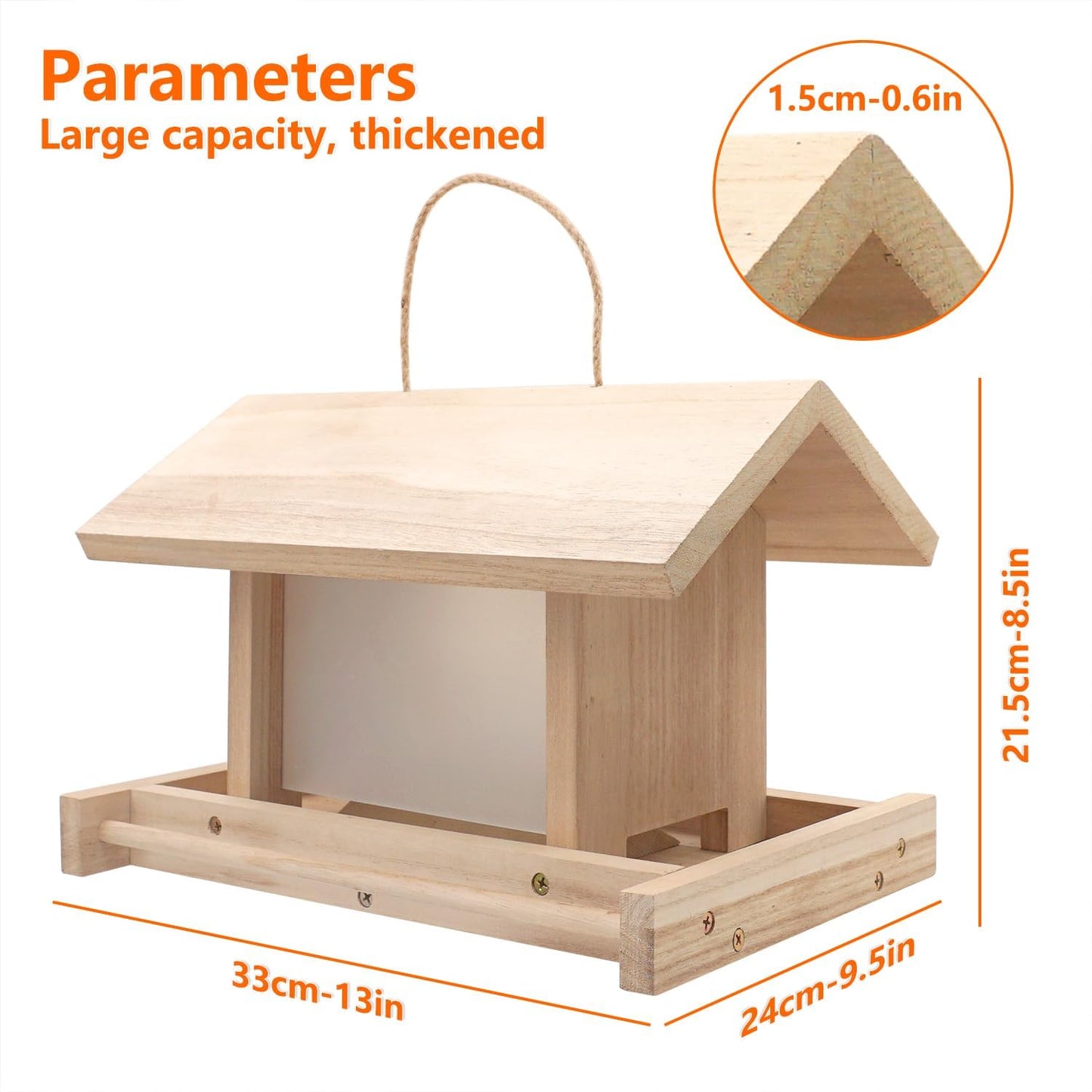 Hanging Wooden Bird Feeder Outdoor Large Capacity Wood Birdfeeder for Feeding Outside Garden Wild Birds Finches Robin Sparrow Blue Jay Chickadees