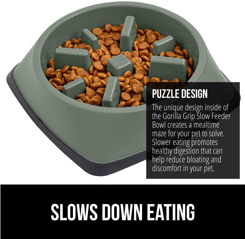 Gorilla Grip Slow Feeder Dog Bowl and Pet Feeding Mat, 4 Cups Dogs Pet Bowls Slip Resistant in Sage Color, Dog Food Mats Size 18.5x11.5 Waterproof Placemats in Hunter Green Color, 2 Item Bundle