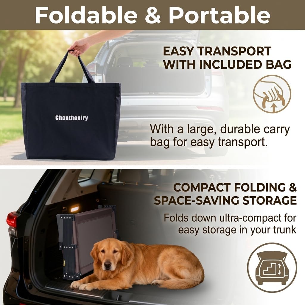 Dog Stairs for Car, 5 Steps Extra Wide Dog Ramps for Large Dogs, Foldable Lightweight Pet Steps for High SUV Truck Bed Couch, Heavy Duty Anti-Scratch Climbing Ladder, 110lbs Capacity