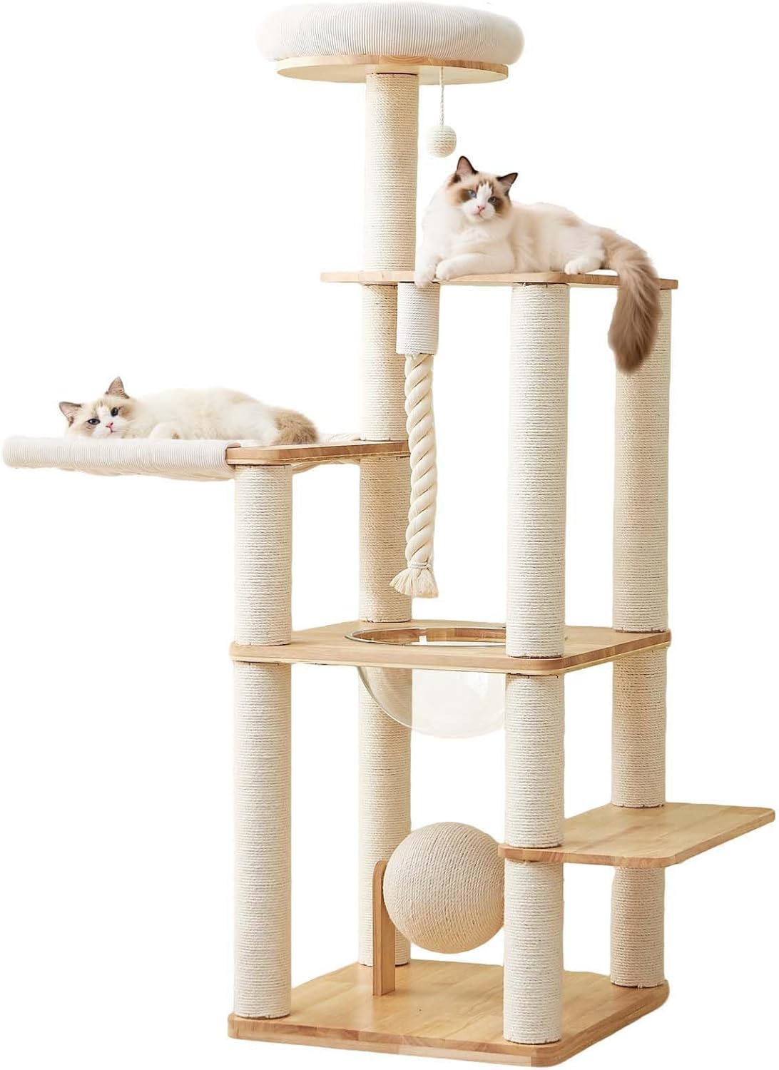 60-inch Modern Cat Tree,Solid Wood Cat Tower with Scratching Post, Hammock, Cotton Nest, Space Capsule, Cat Scratching Ball and Rope for Indoor Cats