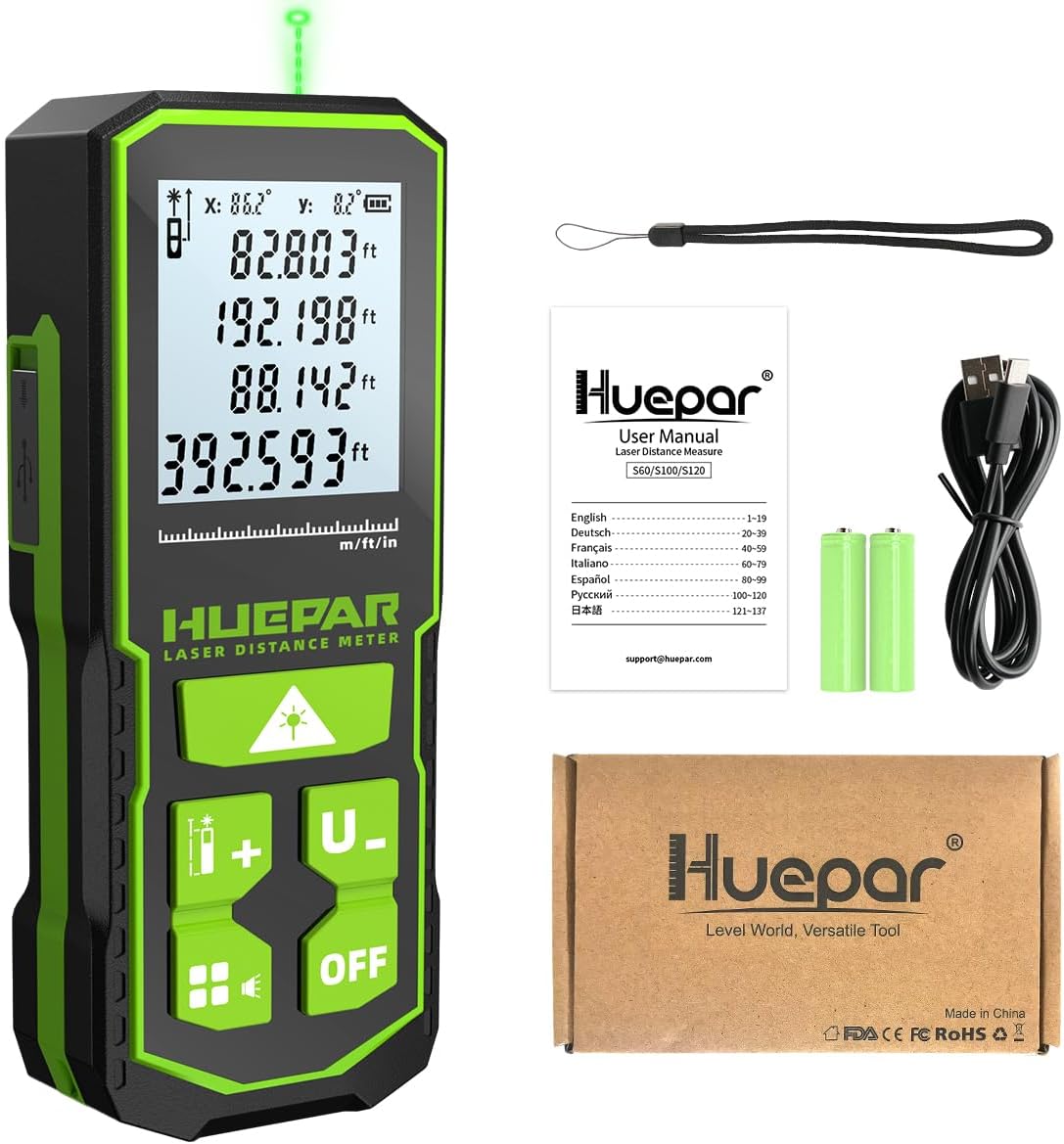 393FT Professional Green Laser Measuring Tool with Angle Sensor, Huepar 1/16in Accuracy Laser Distance Measurement Tool, Digital Laser Room Measuring Device, Laser Distance Meters