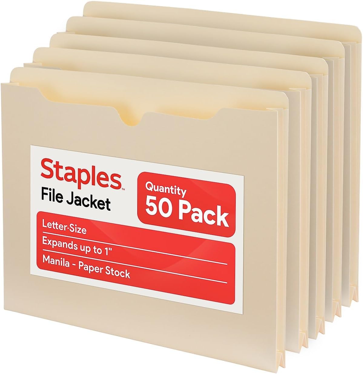 Staples File Jackets, Letter Size, 1‑Inch Expansion, Reinforced Manila Pocket Folders for Filing & Organization – 50/Pack