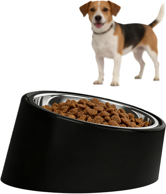 15° Tilted Elevated Dog Bowl, Non-Slip No-Spill Stainless Steel Pet Feeder, Detachable 2-in-1 Food & Water Dish for Medium Dogs (Like French Bulldog) and Cats, Anti-Choke, Black (Size M)
