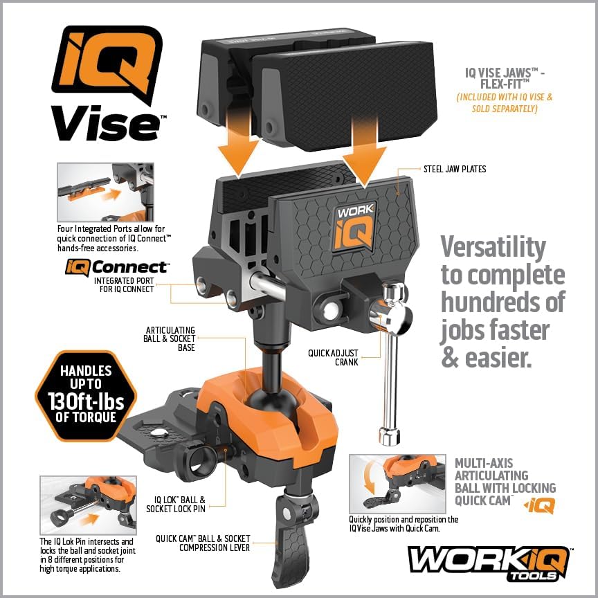 360° Rotating Bench Vise with 5" Jaw Pads - Versatile Woodworking & Pipe Vise for Home Improvement Projects - Compatible with Work Table Workbenches & IQ Connect Accessories