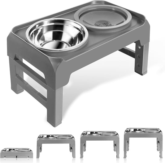 Elevated Dog Bowls, Raised Bowl Stand with No Spill Slow Water Feeder & Stainless Steel Food Dish, Feeding Station with 4 Adjustable Heights for Small Medium Large Dogs