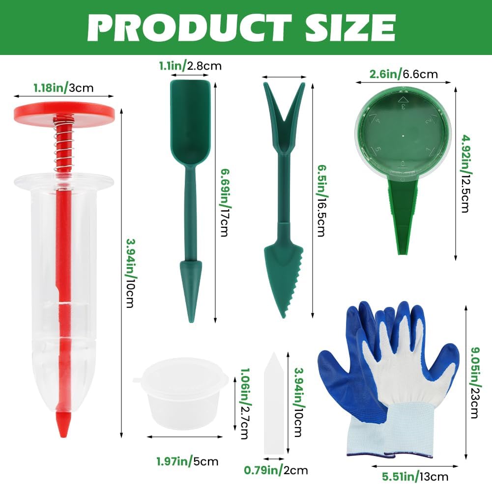 7 Piece Mini Seed Spreader Tool Set - Garden Planting Equipment with Hand Seed Dispenser Tools, Dibber Widger, Gloves for Small Seeds, Carrots, Lettuce, Herbs