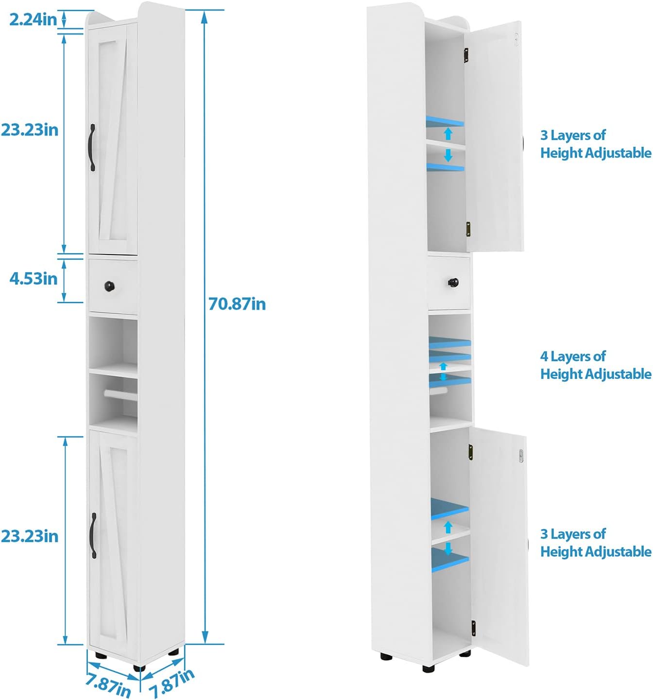 Tall Bathroom Storage Cabinet with Adjustable Shelves, Narrow Storage Cabinet with 2 Doors, Drawer, Toilet Paper Holder, Slim Storage Cabinet for Small Space, Kitchen, Laundry, Entryway, White