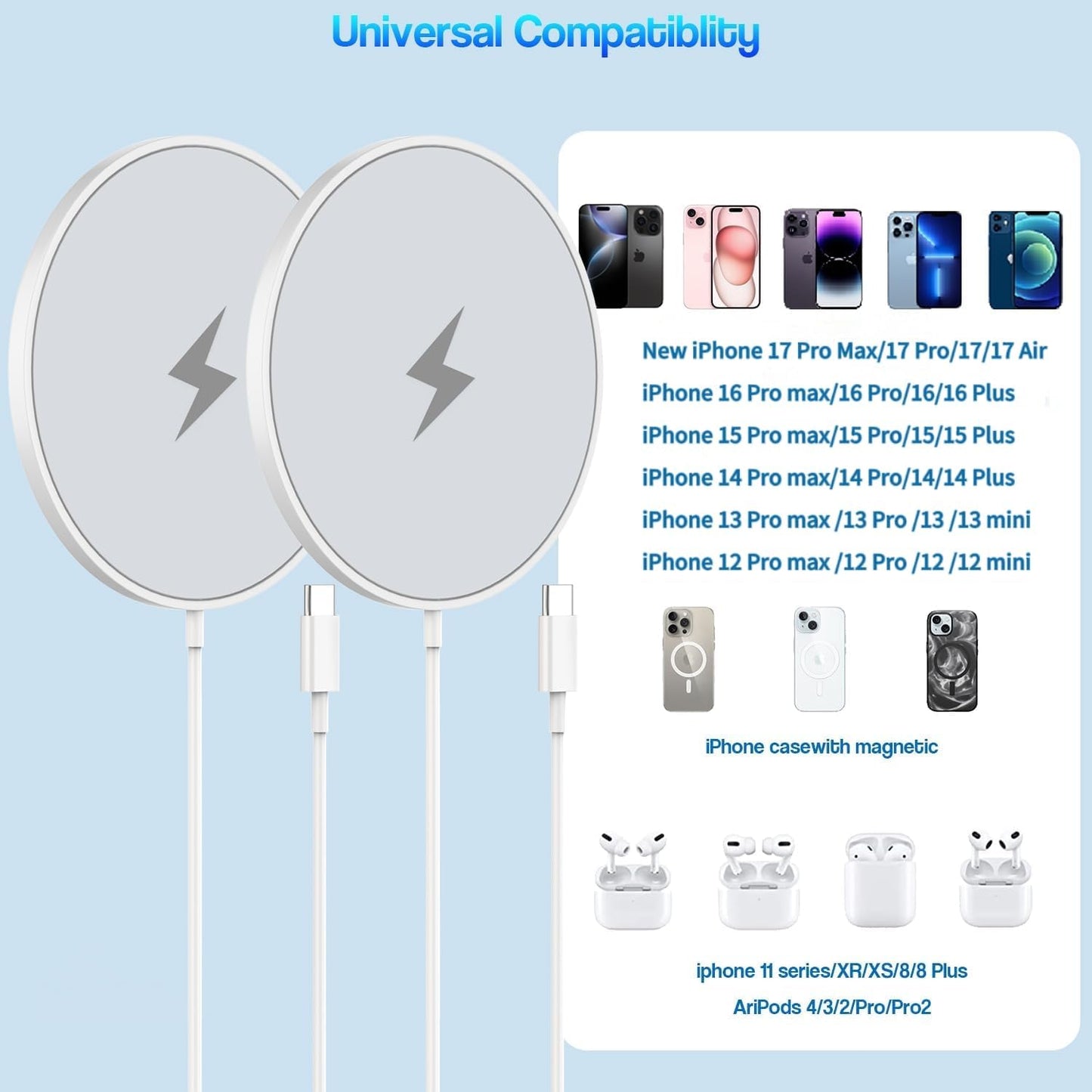 Magnetic Wireless Charger Phone 17 16 15,2Pack 6FT 15W Fast Magnetic Charger with USB C Fast Charging Block Compatible with iPhone 17/17 Air/16/16 Pro/Pro Max/15/14/13/Plus/Pro/Pro Max,AirPods 3/Pro 2