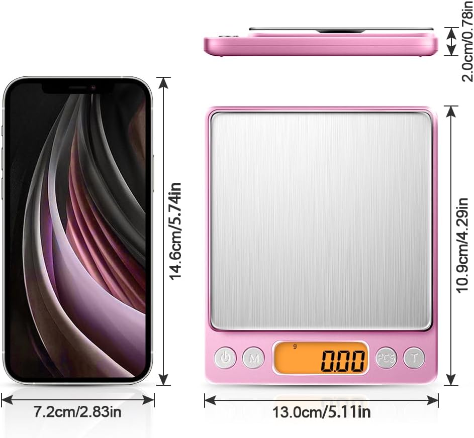 0.01g High Precision Kitchen Food Scale, Diyife 500g Portable Digital Scale with LCD Display, Tare, Multifunctional Gram Scale Weight for Cooking, Baking, Jewelry, 2 Tray, Batteries Included, Pink