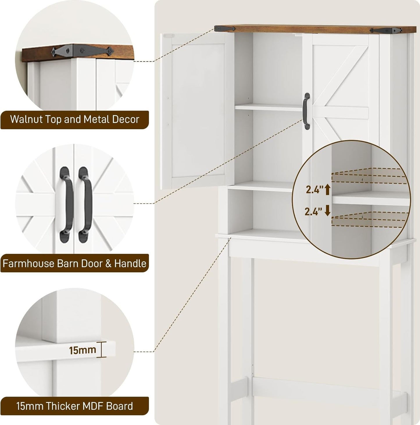 Over The Toilet Storage Cabinet, Farmhouse Over Toilet Bathroom Organizer with 2 Barn Doors, Narrow Above Toilet Storage Cabinet, Behind Toilet Bathroom Organizer (Rustic White)