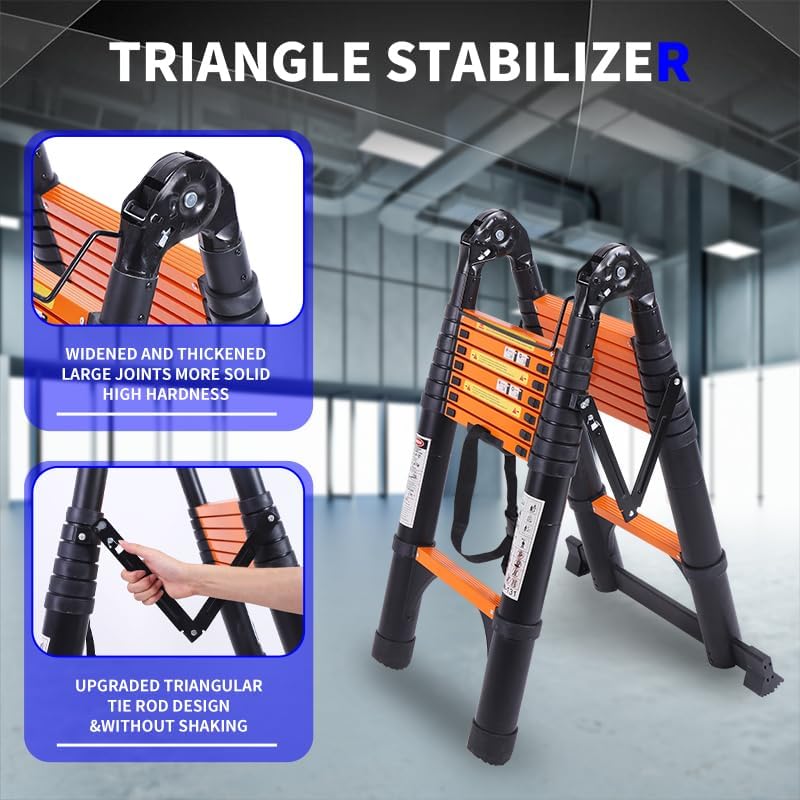 JADDUO Telescoping Ladder A Frame,12.5 Ft Compact Aluminum Extension Ladder,Portable Telescopic RV Ladder for Outdoor Camper Trips Motorhome with Tool Platform and Stabilizer Bar 330 lbs, Black Orange