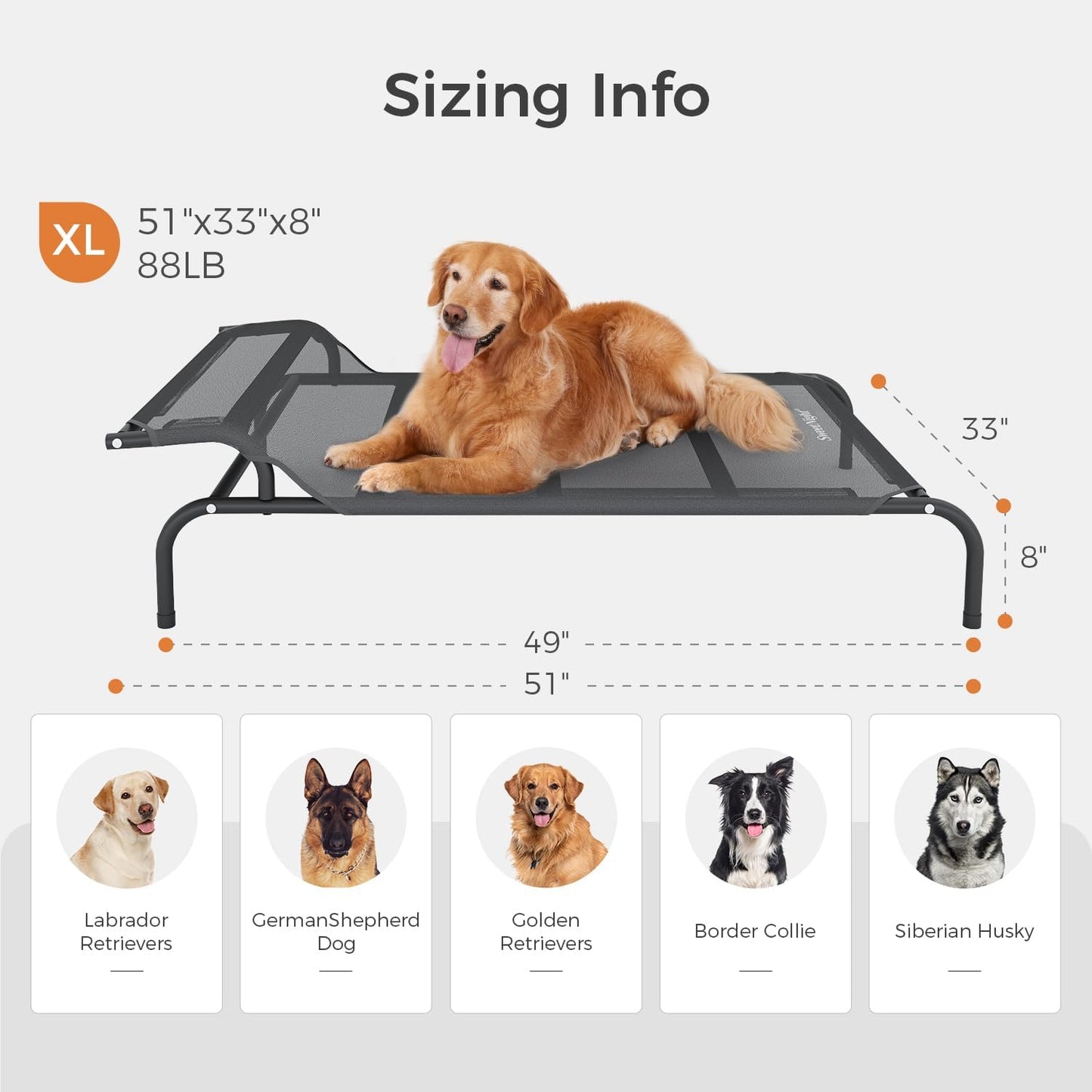 Sweetnight Elevated Dog Bed with Headrest for Large Dogs | Waterproof Raised Dog Cot for Outdoor - 51inch Heavy Duty Steel Frame with Cooling Mat &Easy Assembly，Supports 88 lbs, XL