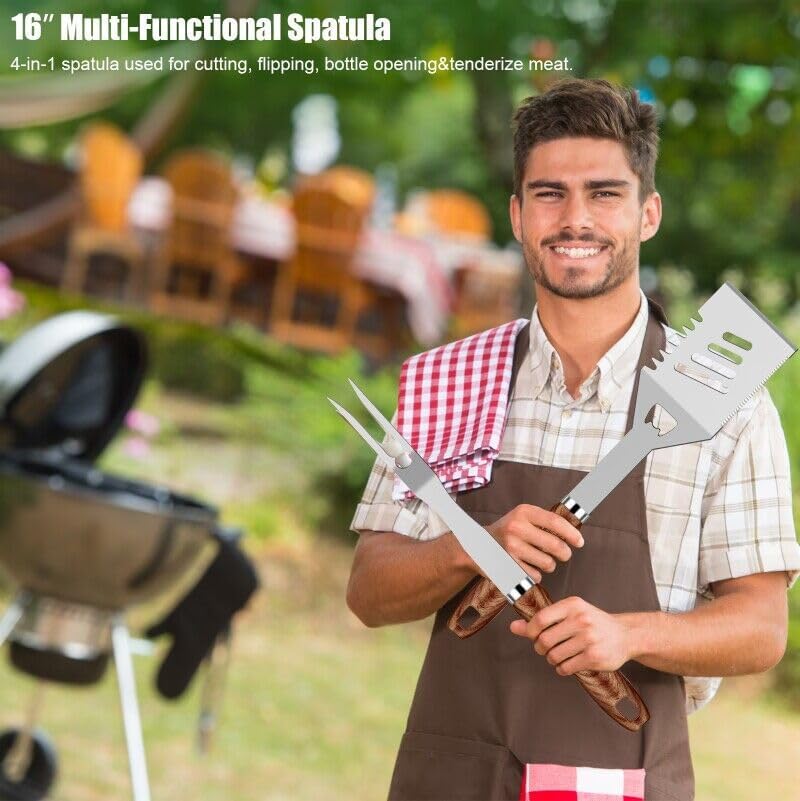 31pcs BBQ Grill Accessories Gifts for Men Dad, Heavy Duty Grilling Tools Gift Set for Father‘s Day, Stainless Steel BBQ Utensils Kit with Mats, Grill Brush in Carrying Bag Brown